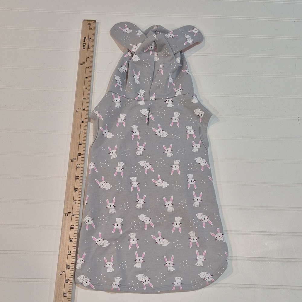 Large Gray Bunny Print Dog Costume Hoodie Bunny Ears Leash Hole Cotton